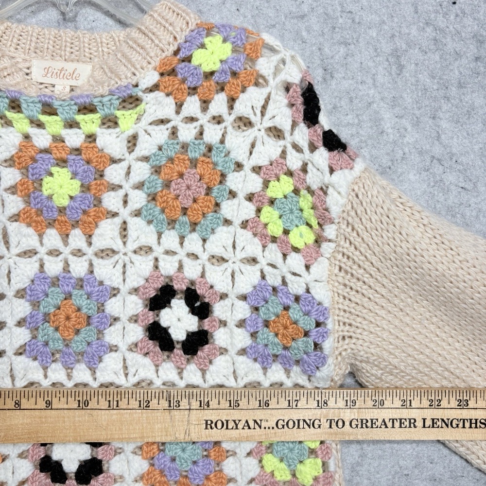 Listicle Granny Square Crochet Sweater S Boho Cottagecore Balloon Sleeve - Picture 10 of 11
